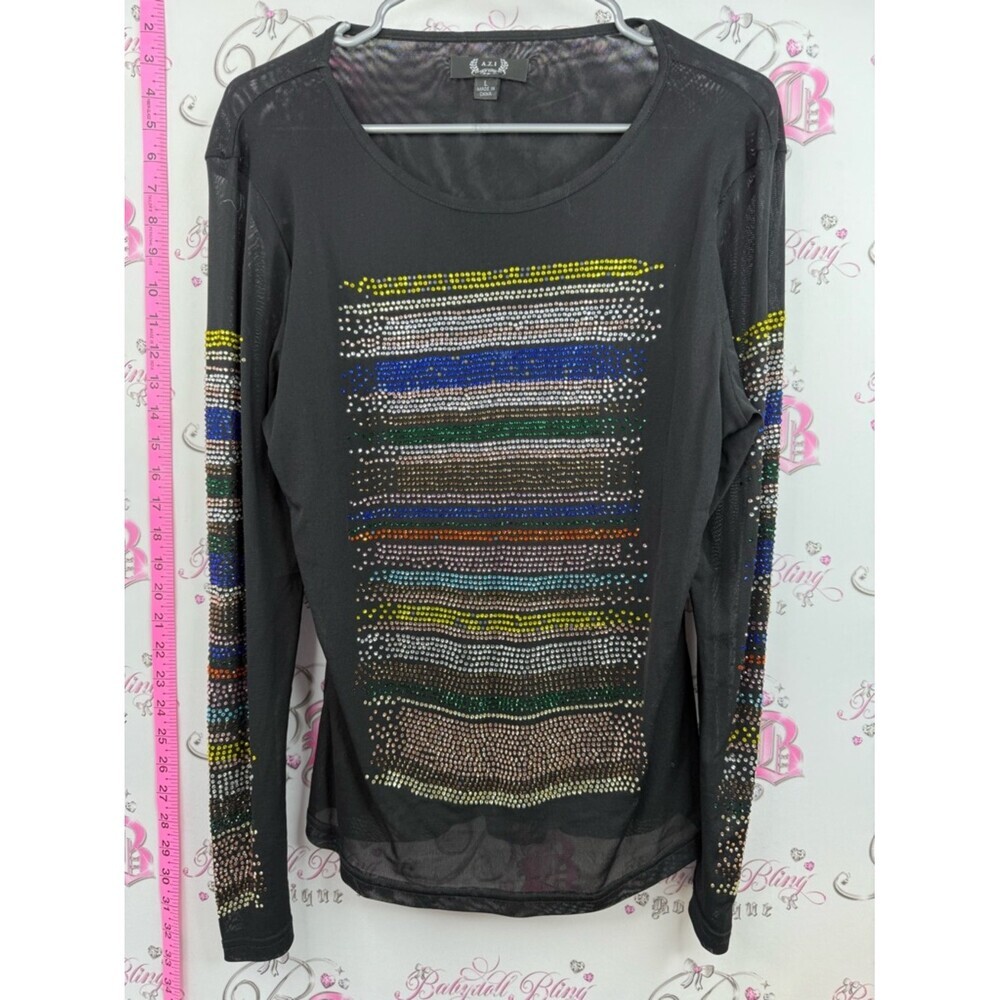 Azi long sleeve Black Long-Sleeve Sheer Top with Multicolor Rhinestone Stripes